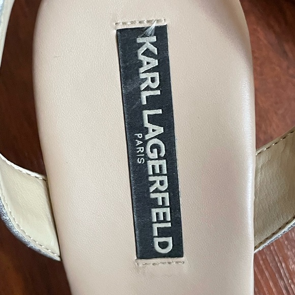 Karl Lagerfeld Carin silver leather cork wedge heel ankle strap NEW sz 10 metal - Picture 7 of 11